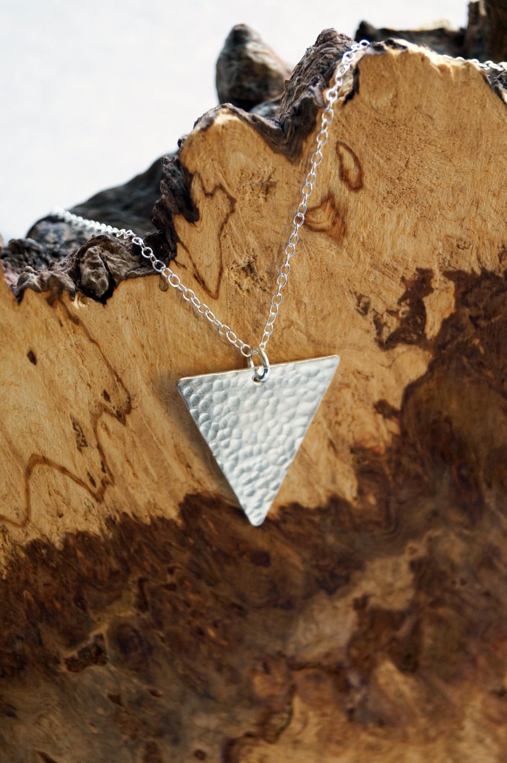 Dimpled Large Triangle Sterling Silver Necklace ~ modern, geometric, triangle, pendant, minimal, statement, texture, recycled