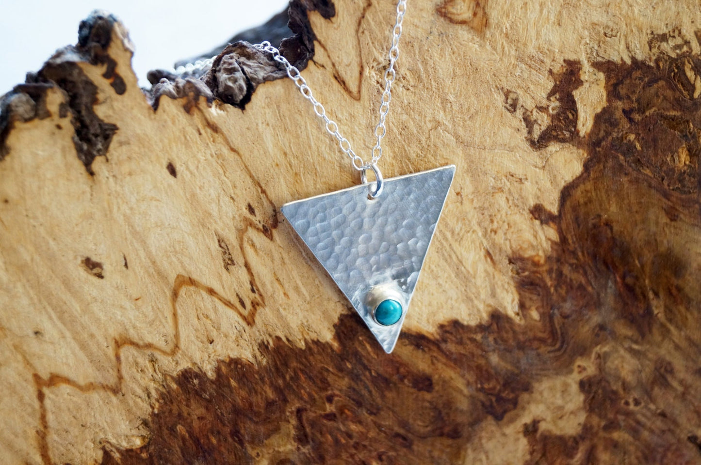 Turquoise Dimpled Large Triangle Sterling Silver Necklace ~ modern, geometric, triangle, pendant, minimal, statement, texture, gemstone