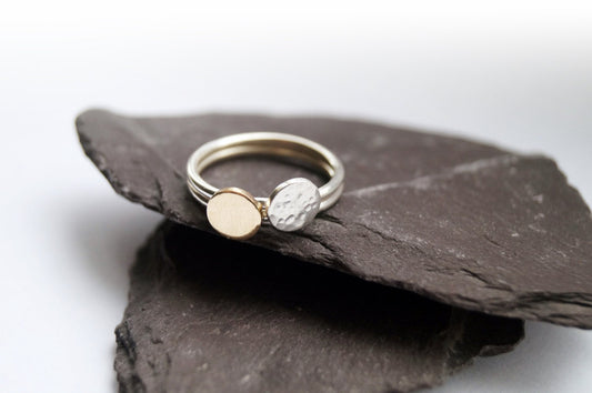 9ct Gold Sun Disc & Silver Moon Stacking Set ~ statement ring, sun, moon, astrology, astronomy, celestial, stackable, recycled