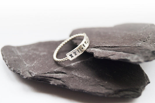 Personalised Sterling Silver Engraved Beaded Bar Ring ~ roman numerals, wedding, initials, name, recycled, date