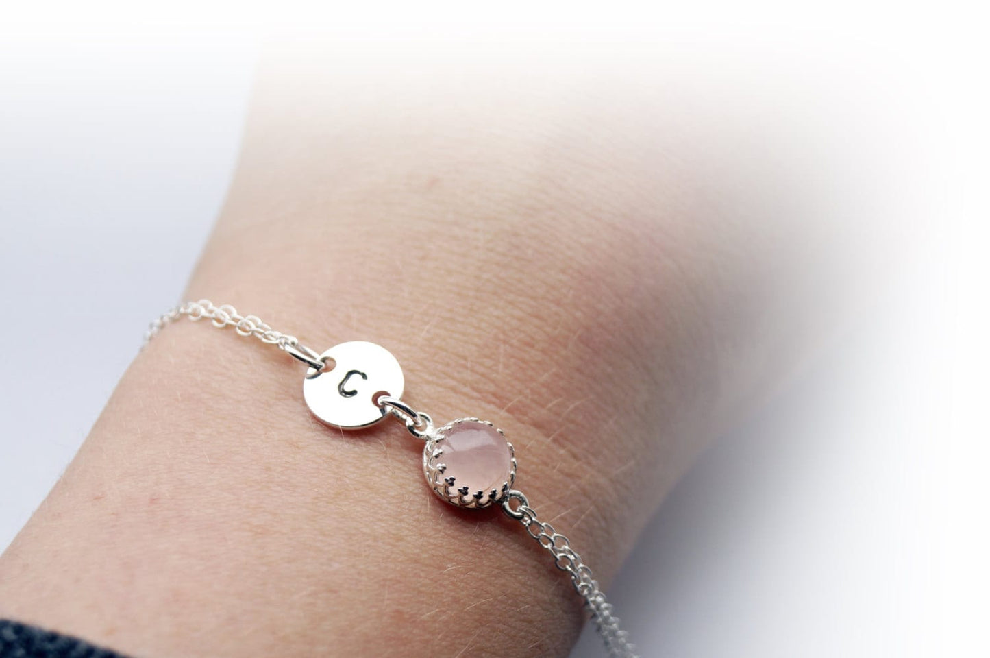 Personalised Initial & Gemstone Sterling Silver Chain Bracelet ~ birthstone wedding bridesmaids initials name necklace