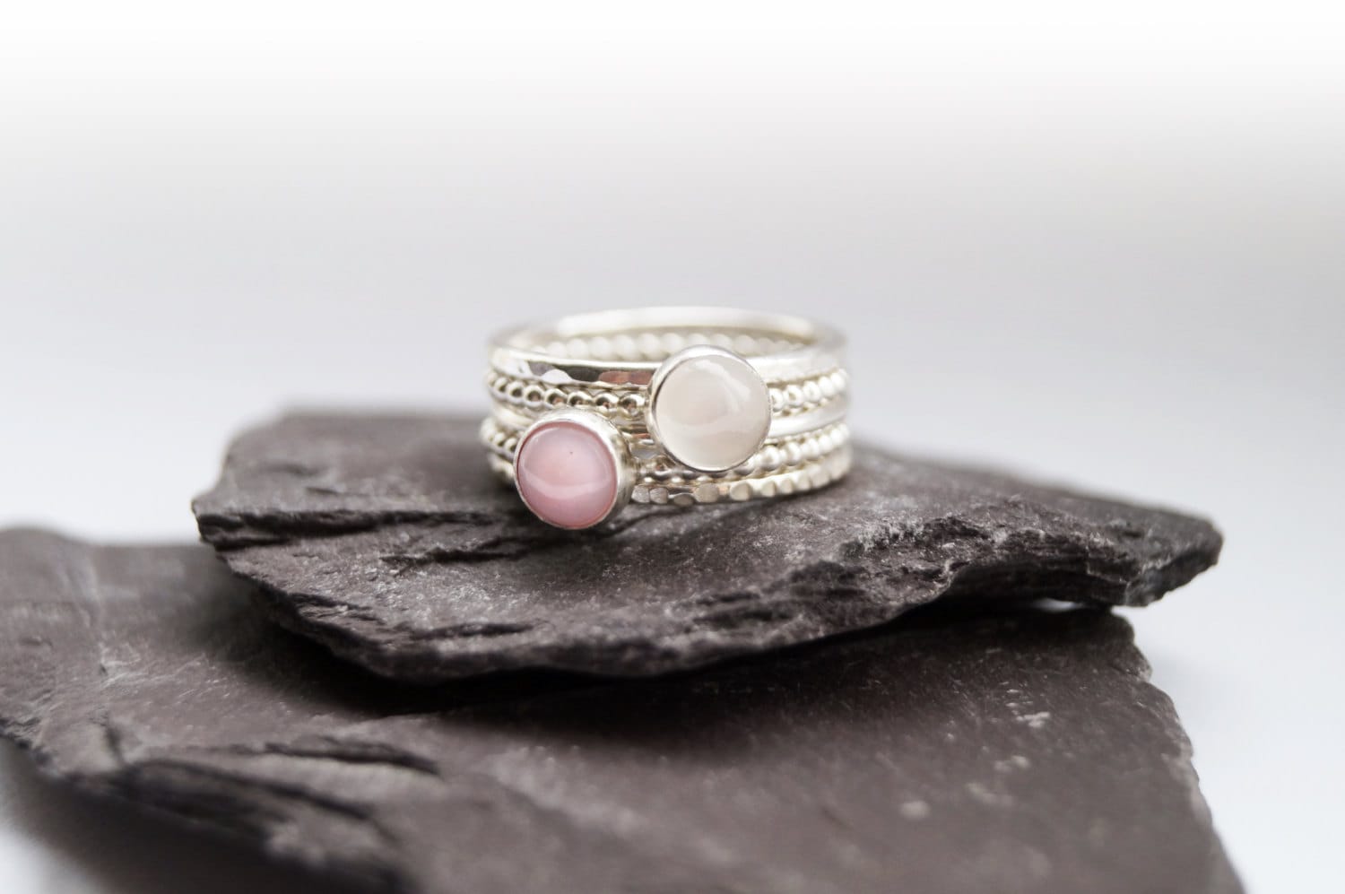 Opulence Pink Opal & Moonstone Recycled Sterling Silver Stacking Set ~ statement, gemstone, birthstone, stackable