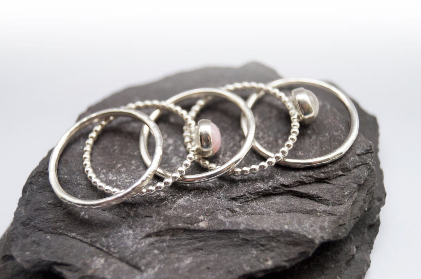 Opulence Pink Opal & Moonstone Recycled Sterling Silver Stacking Set ~ statement, gemstone, birthstone, stackable