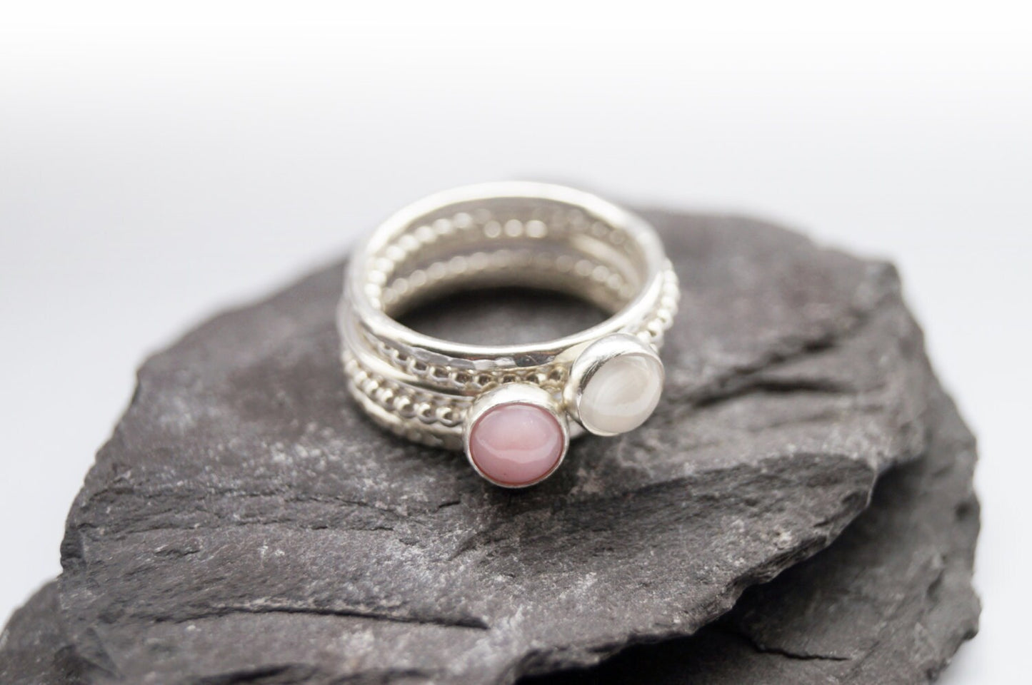 Opulence Pink Opal & Moonstone Recycled Sterling Silver Stacking Set ~ statement, gemstone, birthstone, stackable