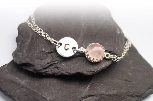 Personalised Initial & Gemstone Sterling Silver Chain Bracelet ~ birthstone wedding bridesmaids initials name necklace