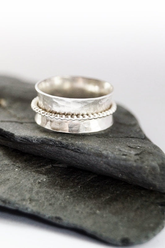 Recycled Dimpled Wide Sterling Silver Spinner Ring ~ spinning ring, hammered, texture, statement ring, meditation, anxiety ring, fidget