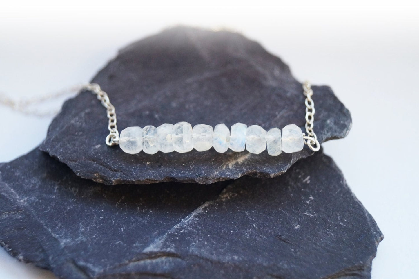 Rainbow Moonstone Beads Sterling Silver Necklace ~ silver, gemstone, modern, minimal, bridesmaid, wedding, unique, monochrome, grey, marble