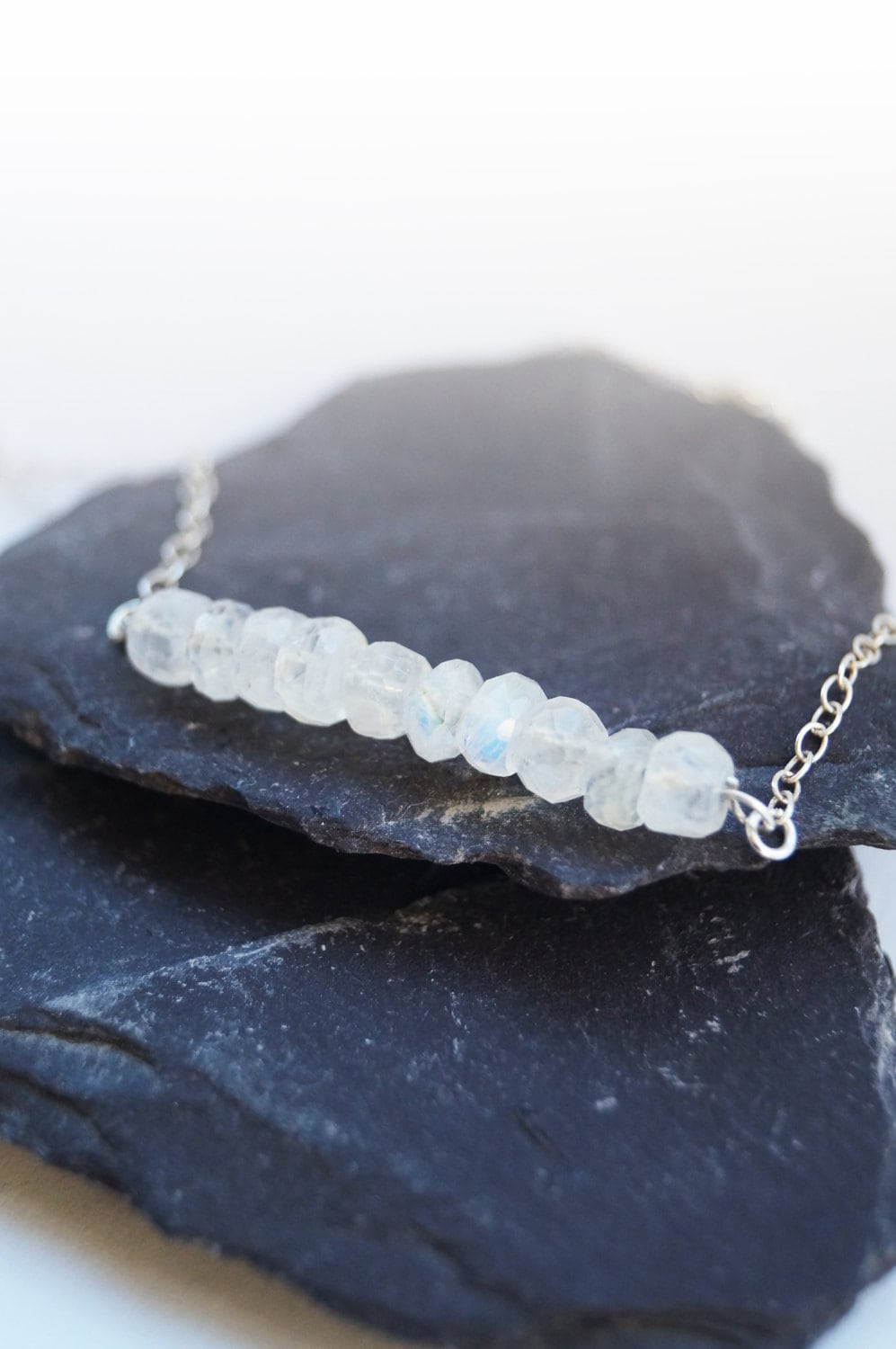 Rainbow Moonstone Beads Sterling Silver Necklace ~ silver, gemstone, modern, minimal, bridesmaid, wedding, unique, monochrome, grey, marble