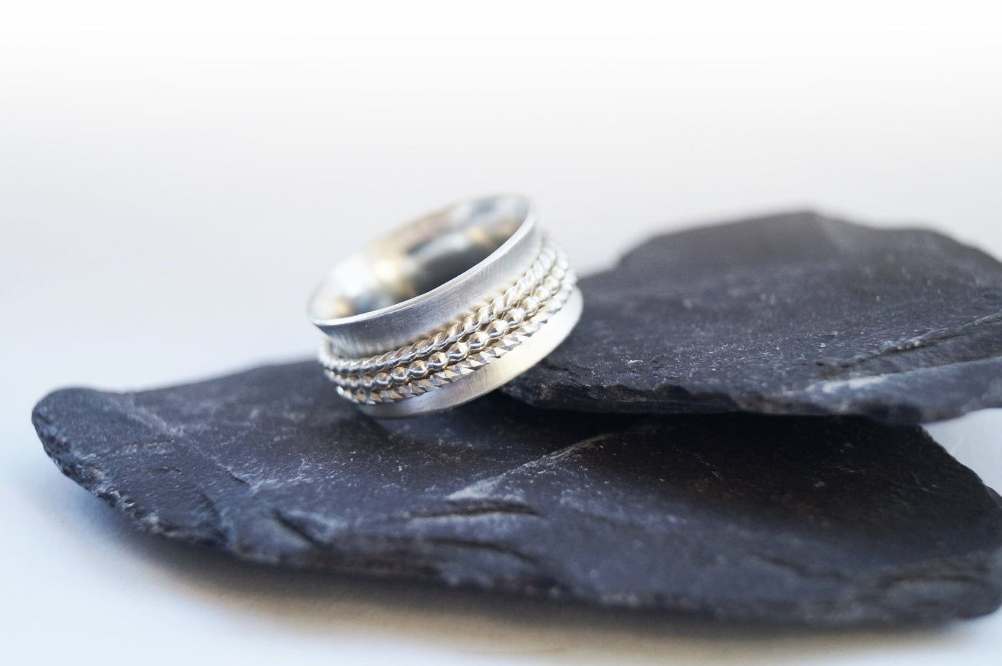 Fidget Ring Three Textured Bands Sterling Silver Spinner Ring ~ unisex, meditation ring, hammered, beaded, anxiety ring, spinning, ADHD