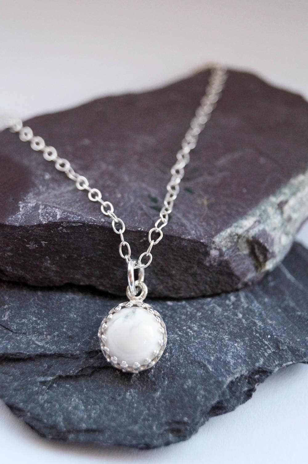 Sterling Silver White Howlite Crown Necklace ~ marble, birthstone, gemstone, modern, delicate, bridesmaid, wedding