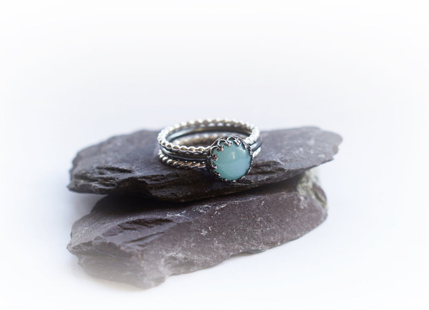 Gothic Crown Amazonite Sterling Silver Ring Stack ~ statement ring, stacking, gemstone, unique, gothic, oxidised, oxidized, stackable