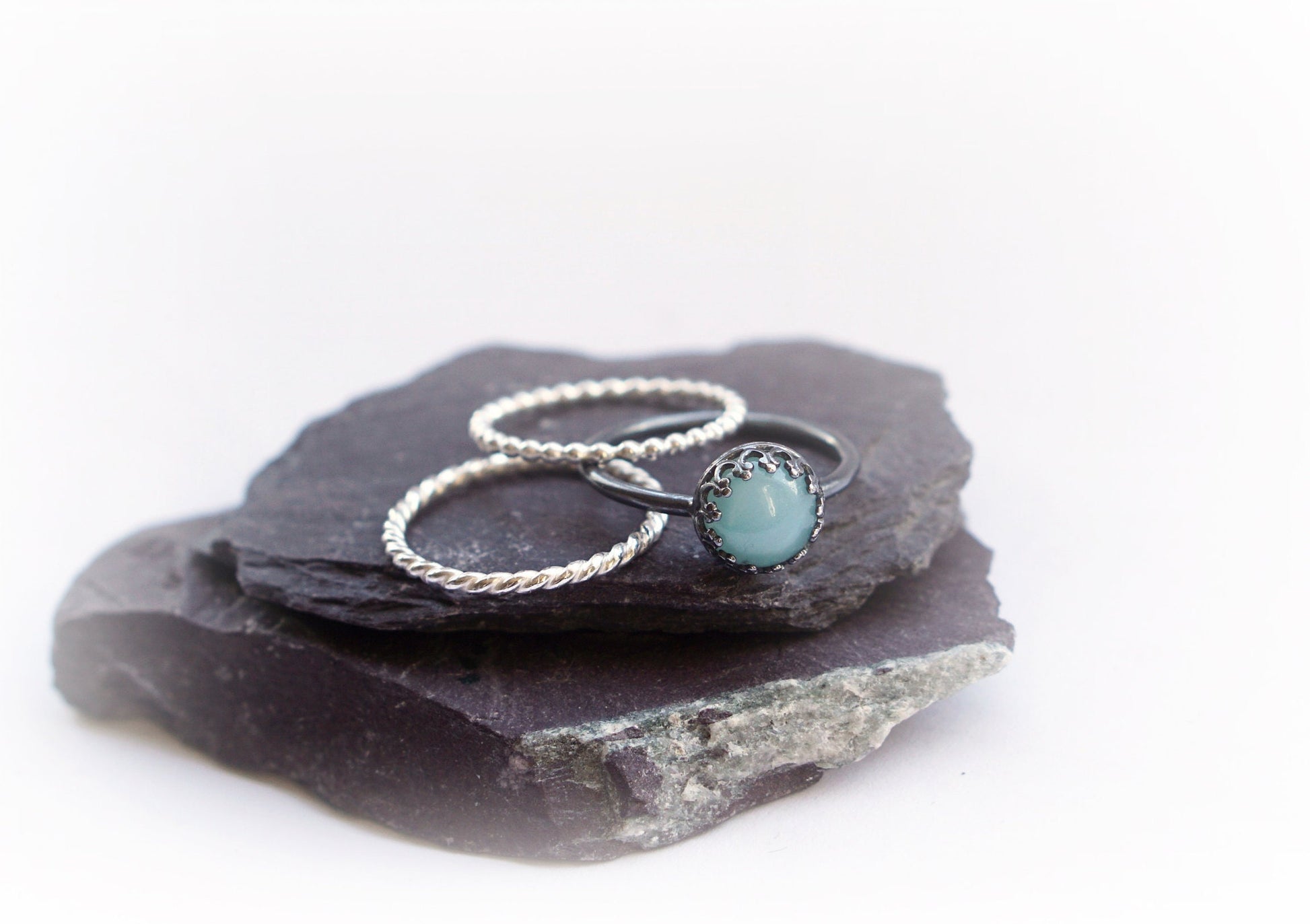 Gothic Crown Amazonite Sterling Silver Ring Stack ~ statement ring, stacking, gemstone, unique, gothic, oxidised, oxidized, stackable