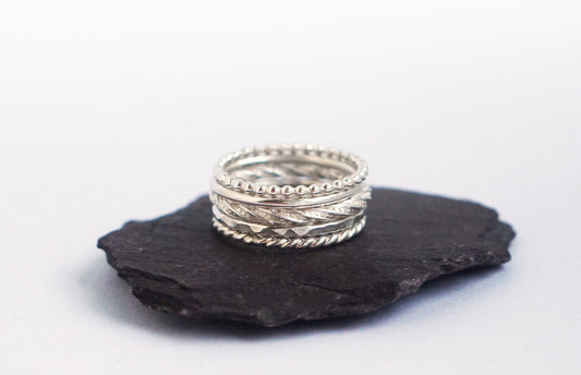 Five Textured Sterling Silver Stacking Rings - stacking rings, hammered, oxidised, modern, beaded, stackable, beaded, textured, recycled