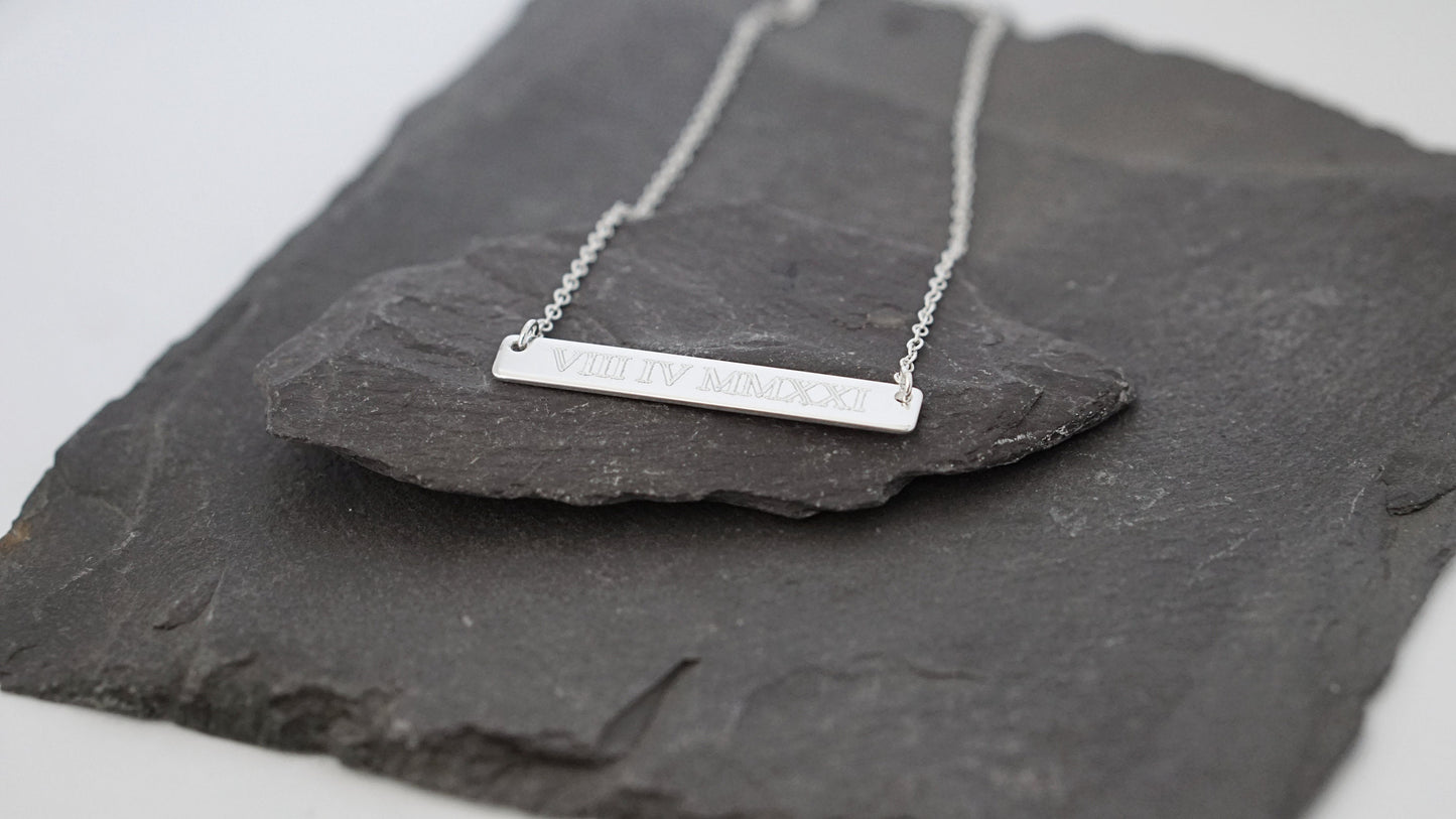 Personalised Roman Numerals Engraved Sterling Silver Bar Necklace ~ birthday gift, name, monogram, keepsake, date, gift for her