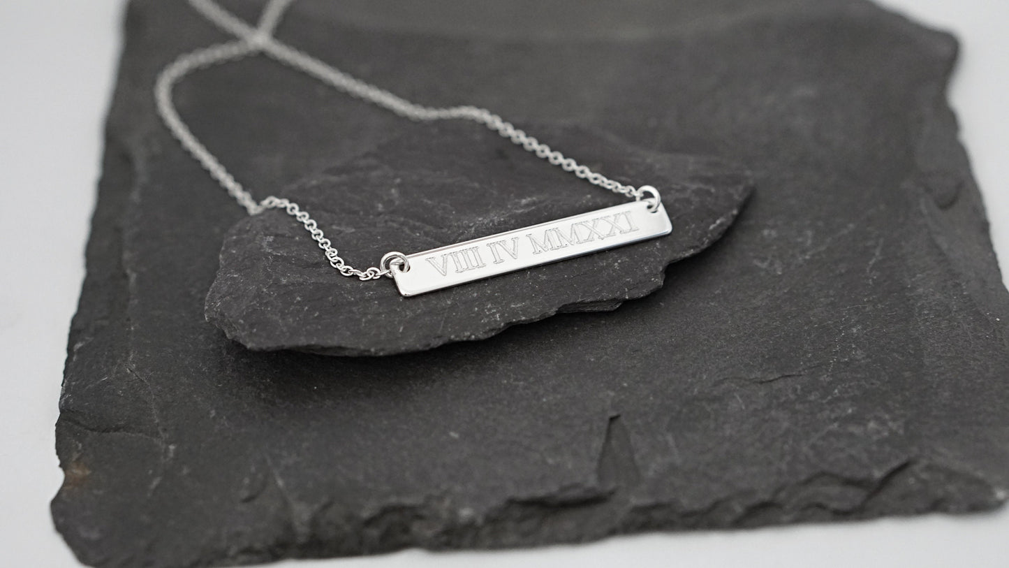 Personalised Roman Numerals Engraved Sterling Silver Bar Necklace ~ birthday gift, name, monogram, keepsake, date, gift for her