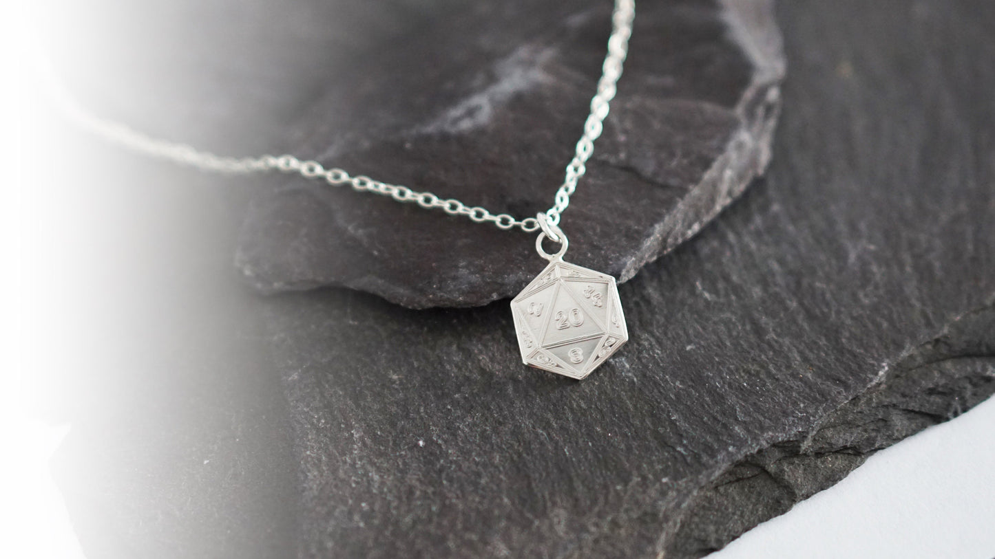 D20 Sterling Silver Engraved Necklace ~ gaming gift, tabletop, boardgame, dnd, d&d, ttrpg