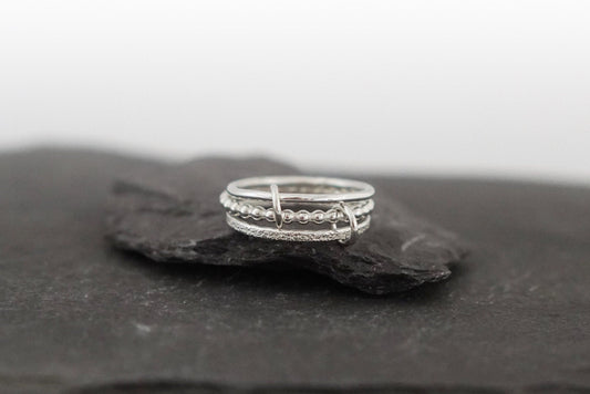 Triple Multi Layer Links Sterling Silver Ring ~ stacking ring, recycled silver, textured, stackable, stardust, beaded