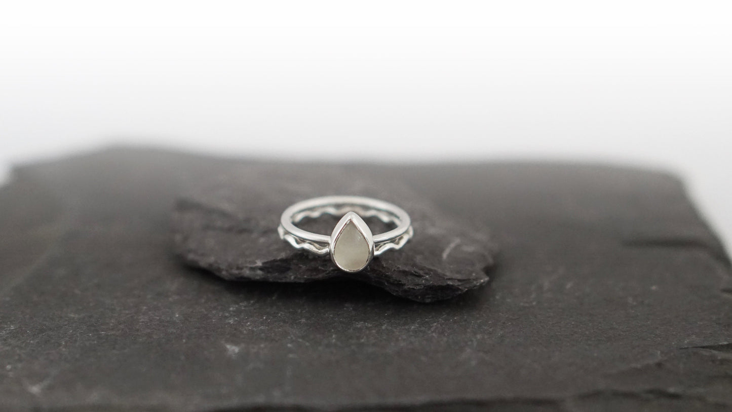 Teardrop Moonstone & Wave Recycled Sterling Silver Stacking Rings ~ statement ring, stackable, ocean, gemstone