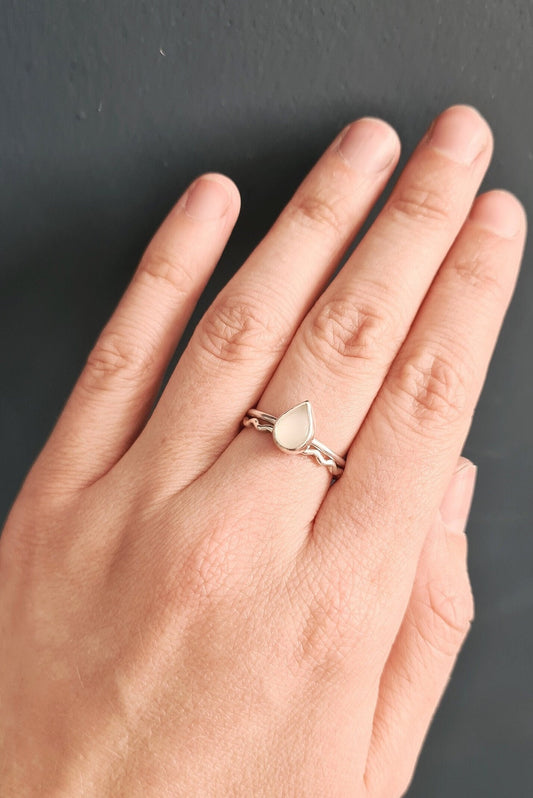 Teardrop Moonstone & Wave Recycled Sterling Silver Stacking Rings ~ statement ring, stackable, ocean, gemstone