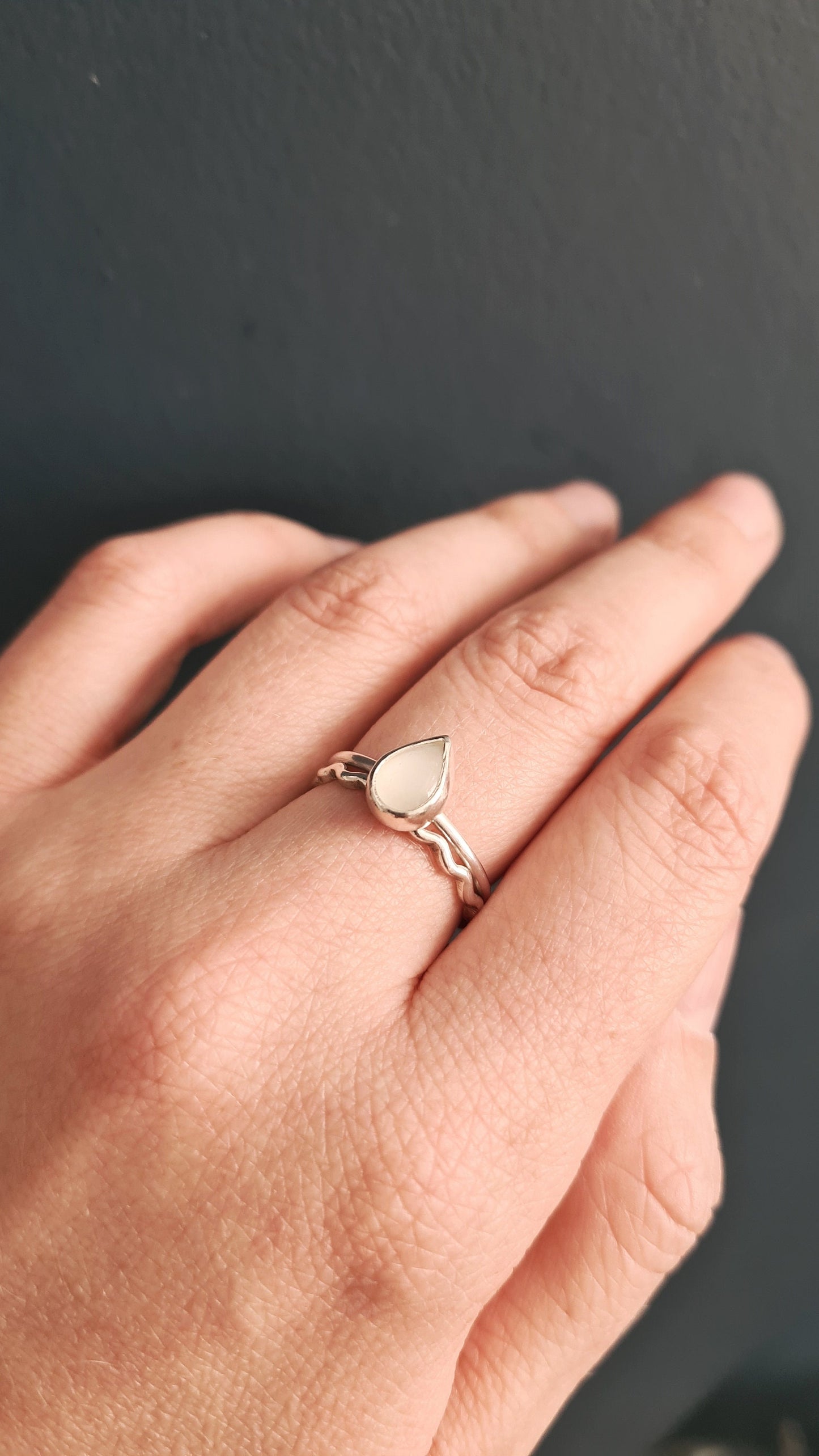 Teardrop Moonstone & Wave Recycled Sterling Silver Stacking Rings ~ statement ring, stackable, ocean, gemstone