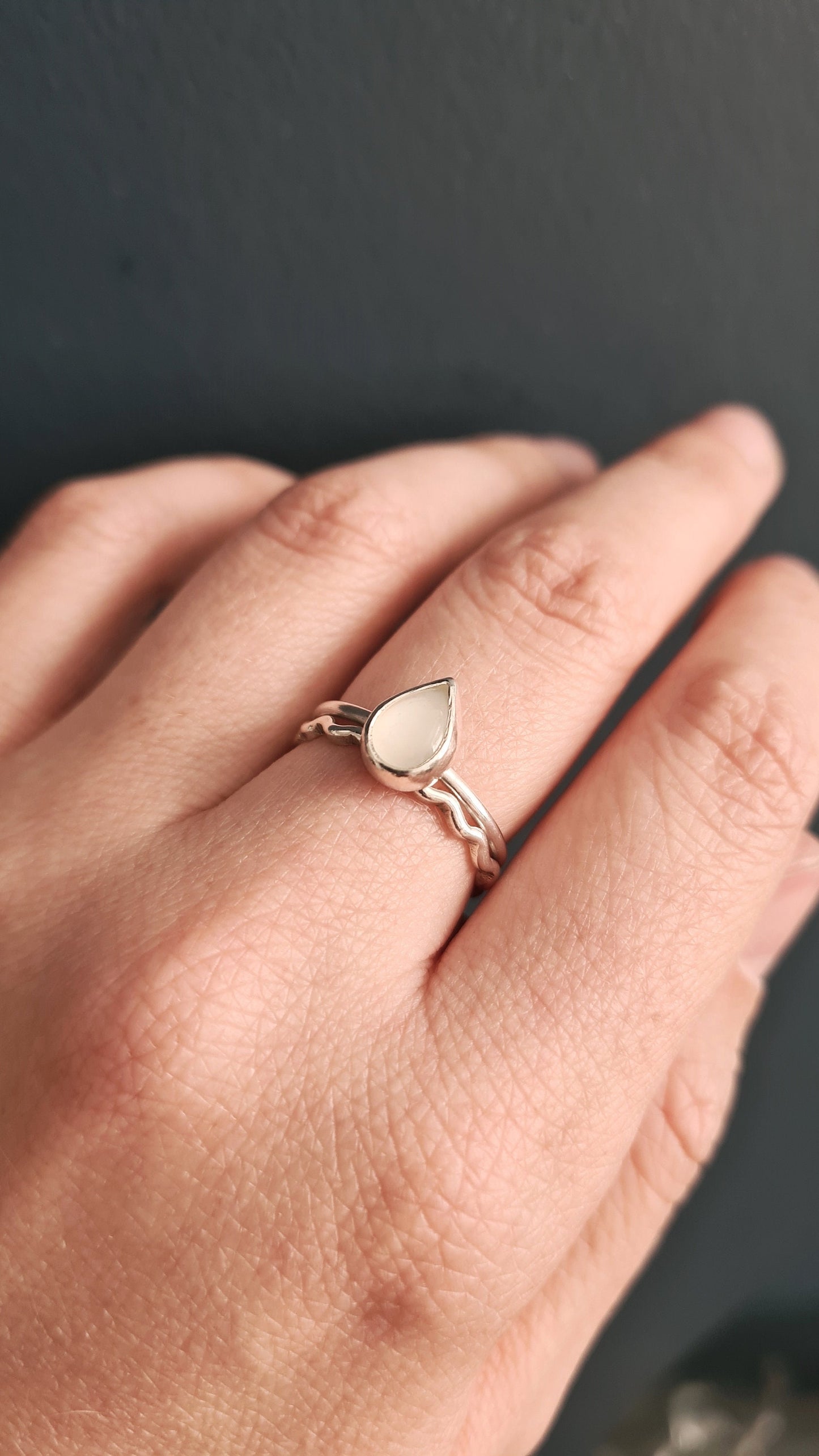 Teardrop Moonstone & Wave Recycled Sterling Silver Stacking Rings ~ statement ring, stackable, ocean, gemstone