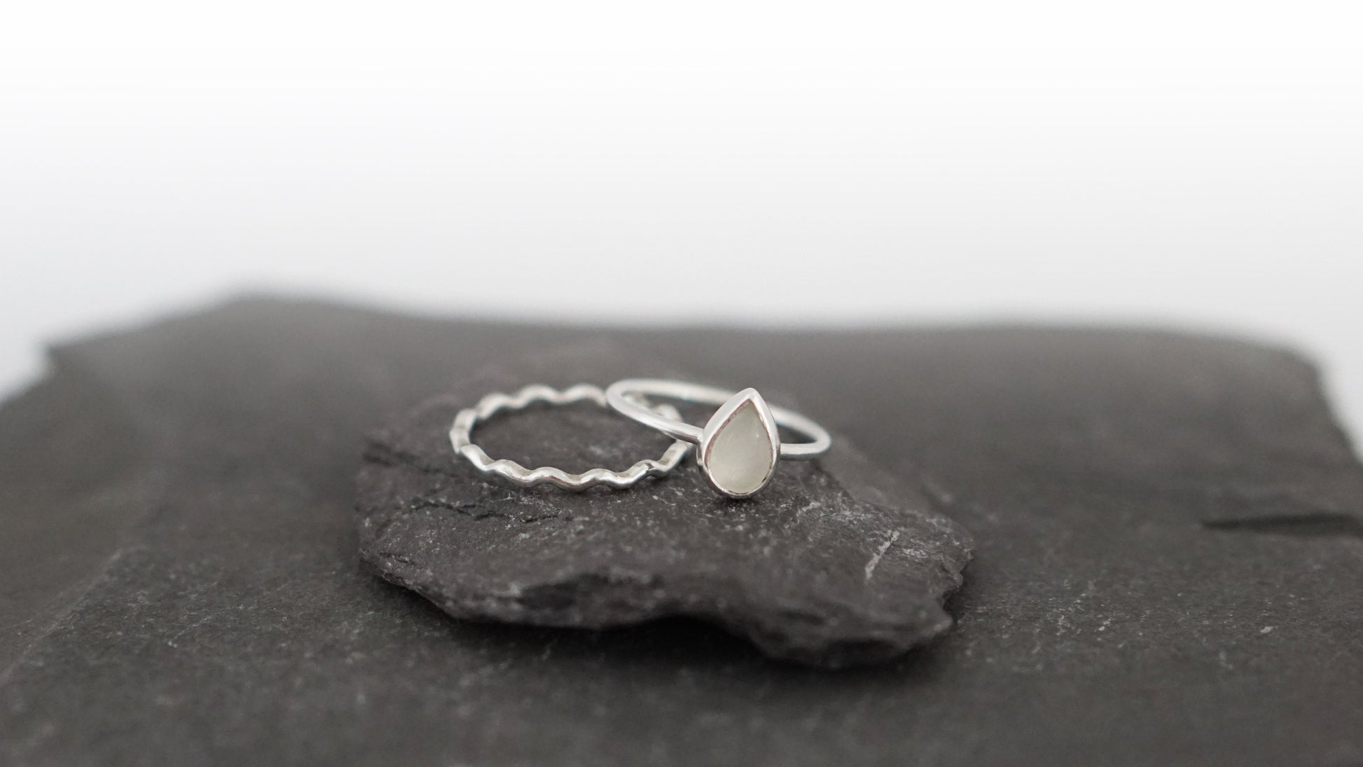 Teardrop Moonstone & Wave Recycled Sterling Silver Stacking Rings ~ statement ring, stackable, ocean, gemstone