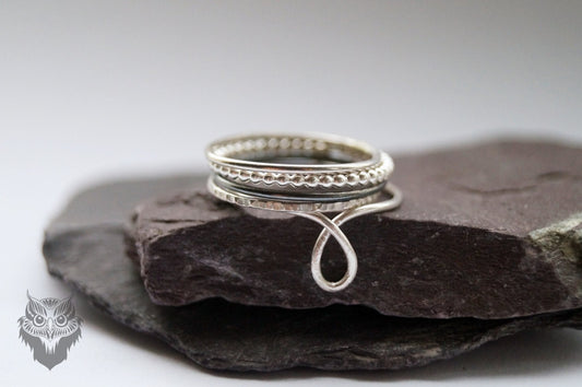 Five Skinny Recycled Sterling Silver Stacking Rings - hammered, silver bands, oxidised, stackable, looped, textured, thin bands