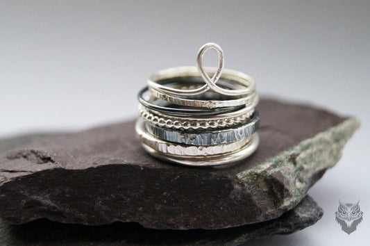 Tower Of Recycled Sterling Silver Stacking Rings - hammered, silver bands, oxidised, stackable, textured, recycled