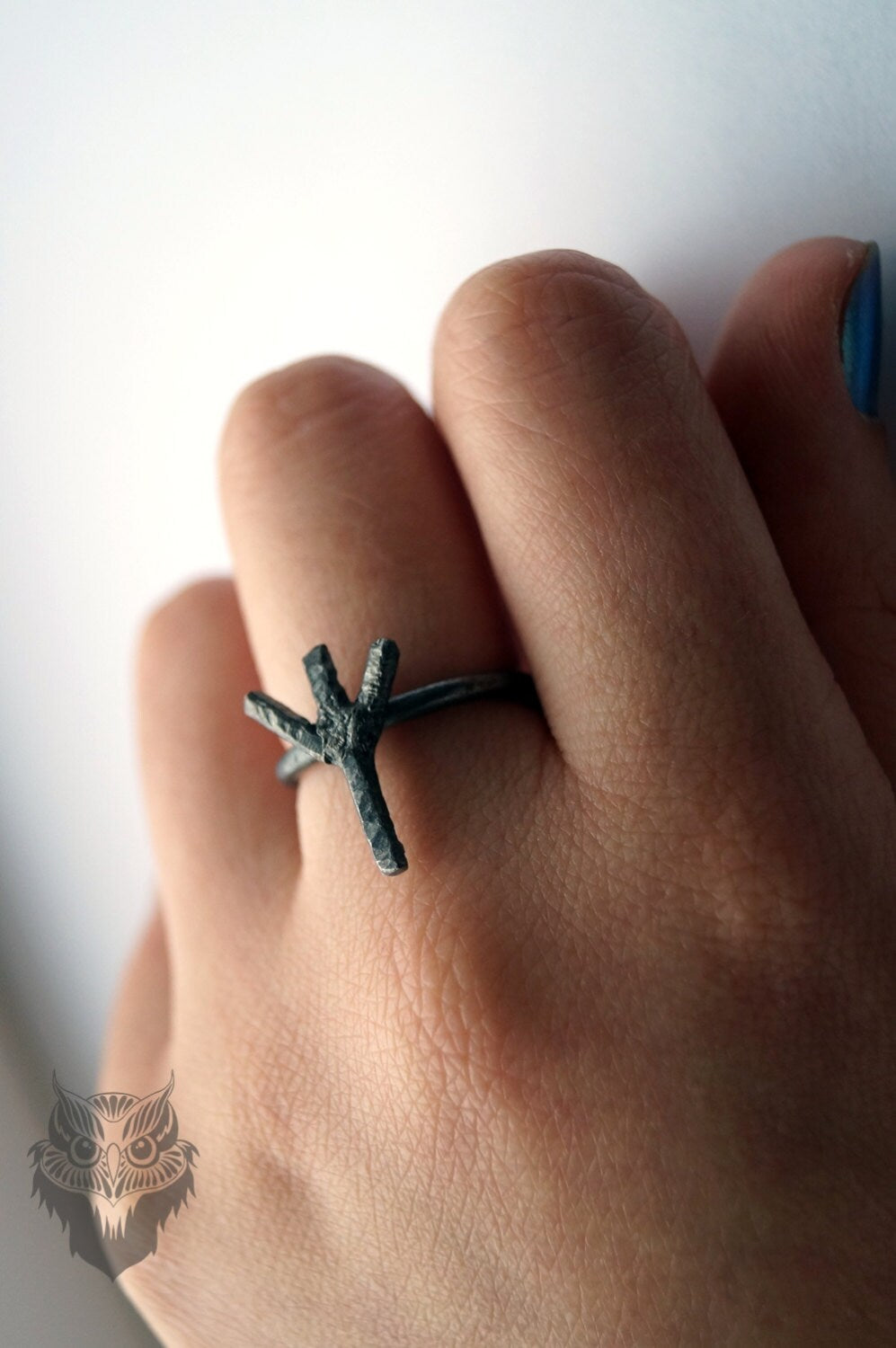 Recycled Sterling Silver Algiz Rune Ring - statement ring, runes, viking, oxidised