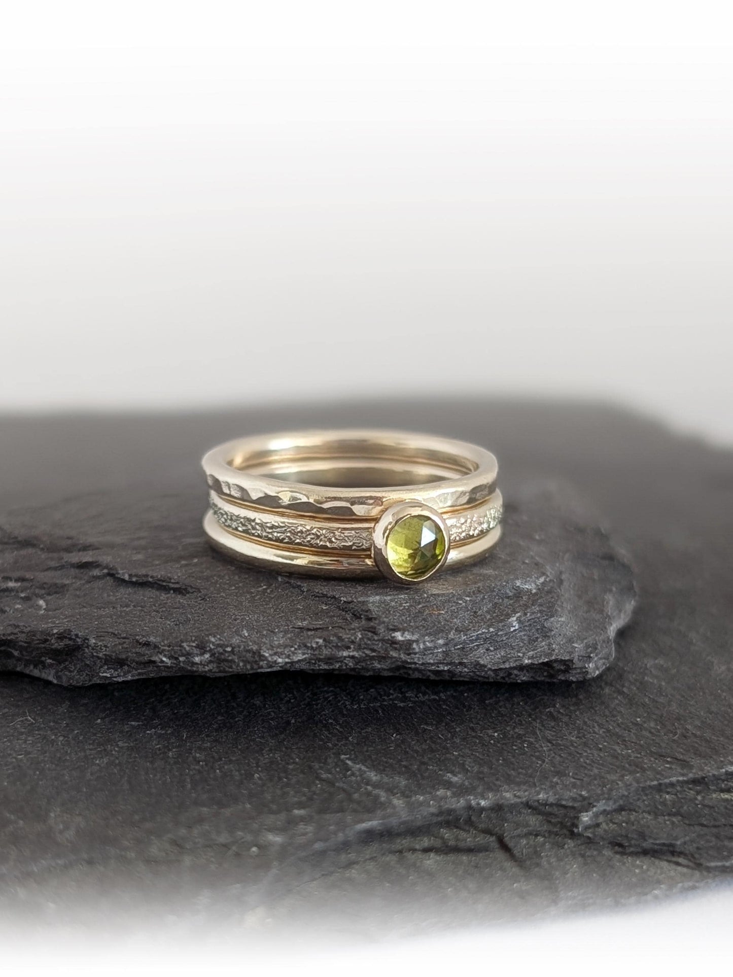 Solid 9ct Recycled Gold Thick Stacking Ring Set ~ stacking rings, textured, stackable, gold, wedding, engagement, peridot, gemstone