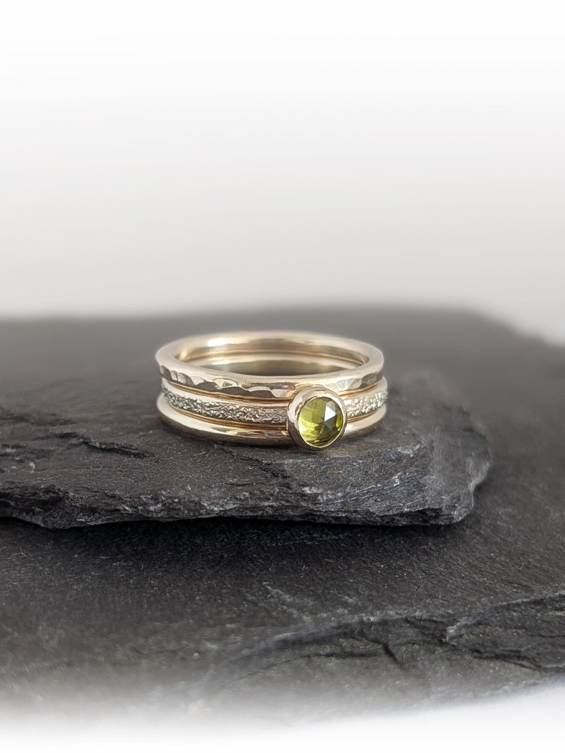 Solid 9ct Recycled Gold Thick Stacking Ring Set ~ stacking rings, textured, stackable, gold, wedding, engagement, peridot, gemstone