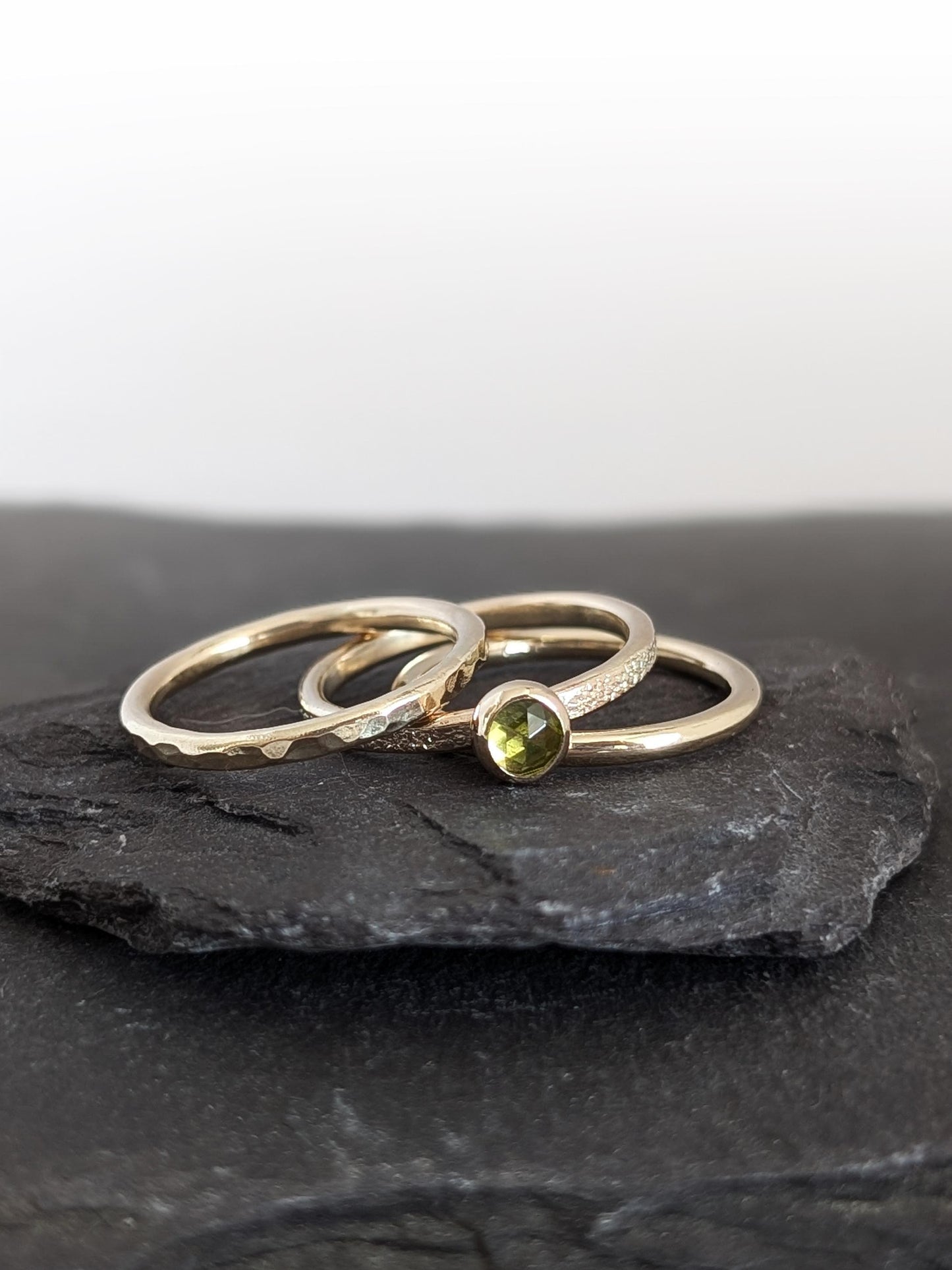 Solid 9ct Recycled Gold Thick Stacking Ring Set ~ stacking rings, textured, stackable, gold, wedding, engagement, peridot, gemstone