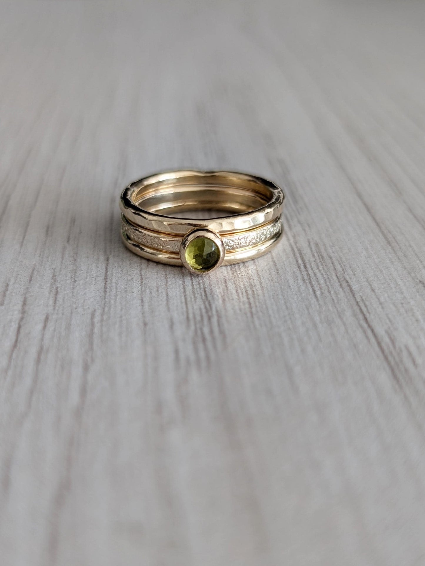 Solid 9ct Recycled Gold Thick Stacking Ring Set ~ stacking rings, textured, stackable, gold, wedding, engagement, peridot, gemstone