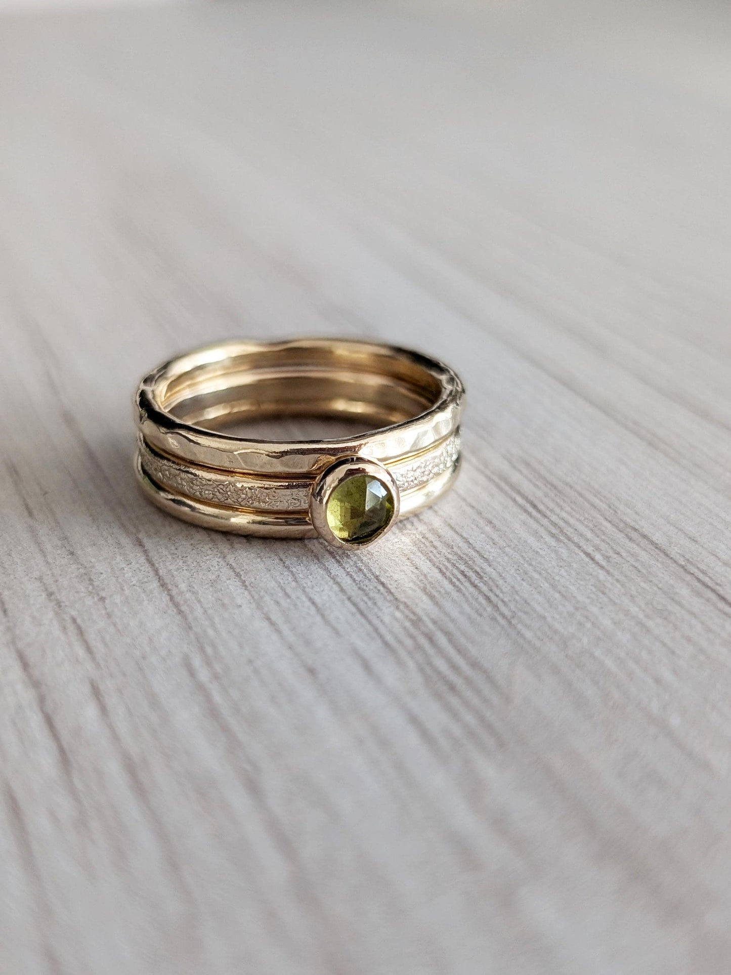 Solid 9ct Recycled Gold Thick Stacking Ring Set ~ stacking rings, textured, stackable, gold, wedding, engagement, peridot, gemstone