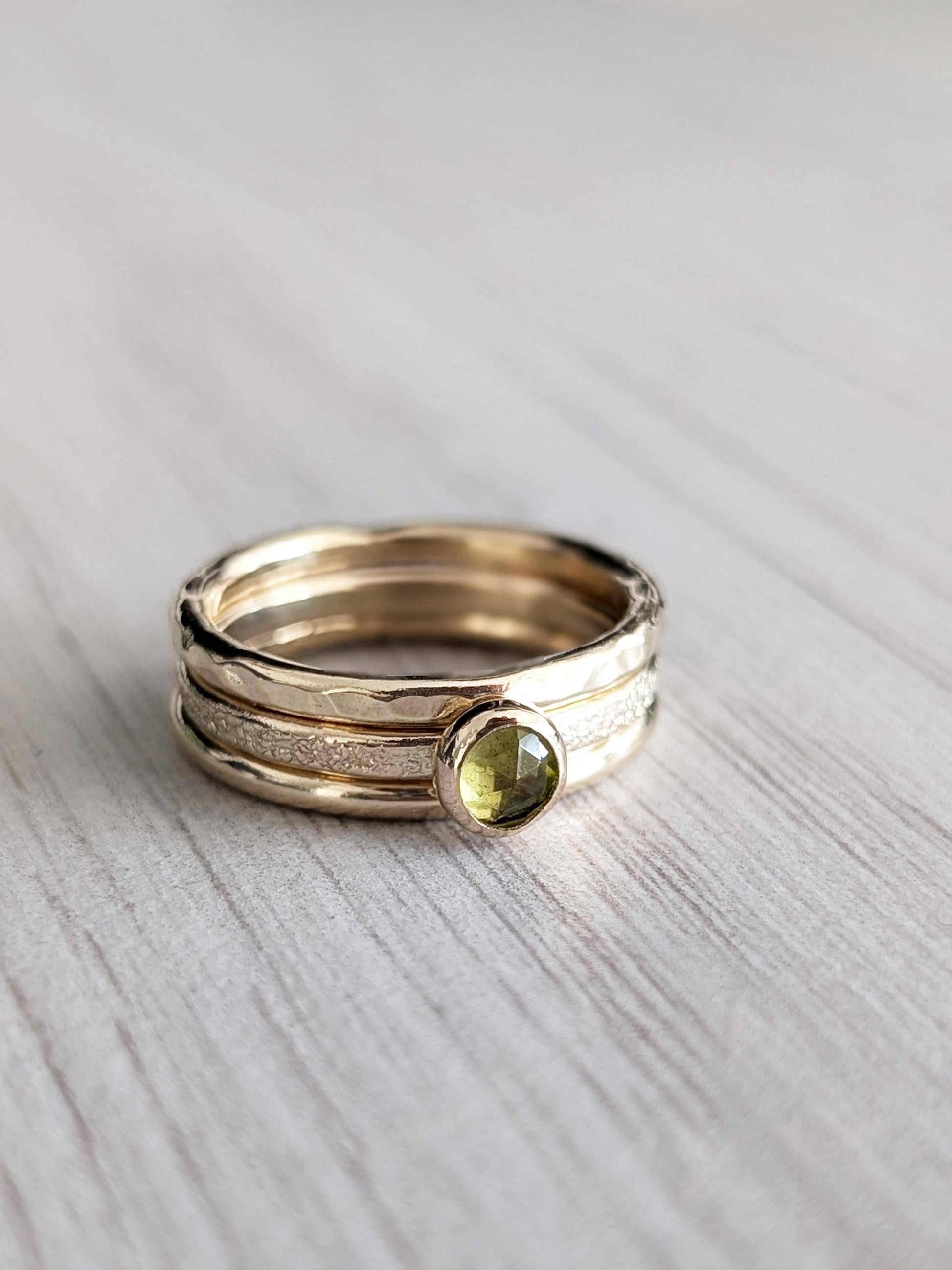 Solid 9ct Recycled Gold Thick Stacking Ring Set ~ stacking rings, textured, stackable, gold, wedding, engagement, peridot, gemstone