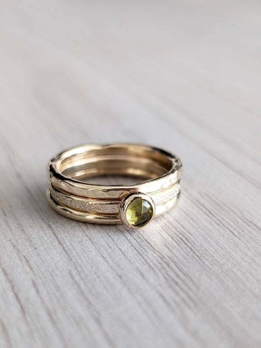 Solid 9ct Recycled Gold Thick Stacking Ring Set ~ stacking rings, textured, stackable, gold, wedding, engagement, peridot, gemstone