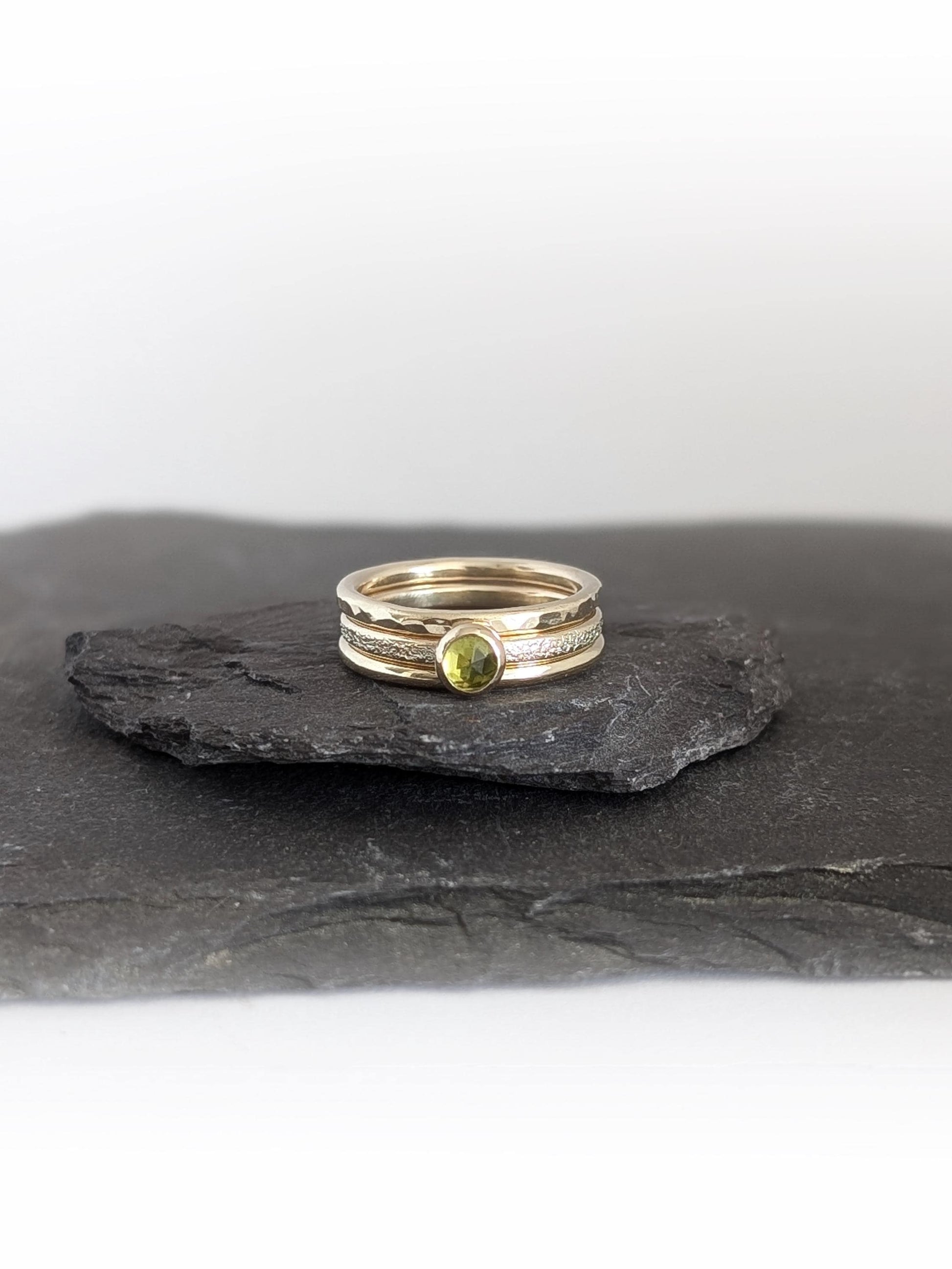 Solid 9ct Recycled Gold Thick Stacking Ring Set ~ stacking rings, textured, stackable, gold, wedding, engagement, peridot, gemstone