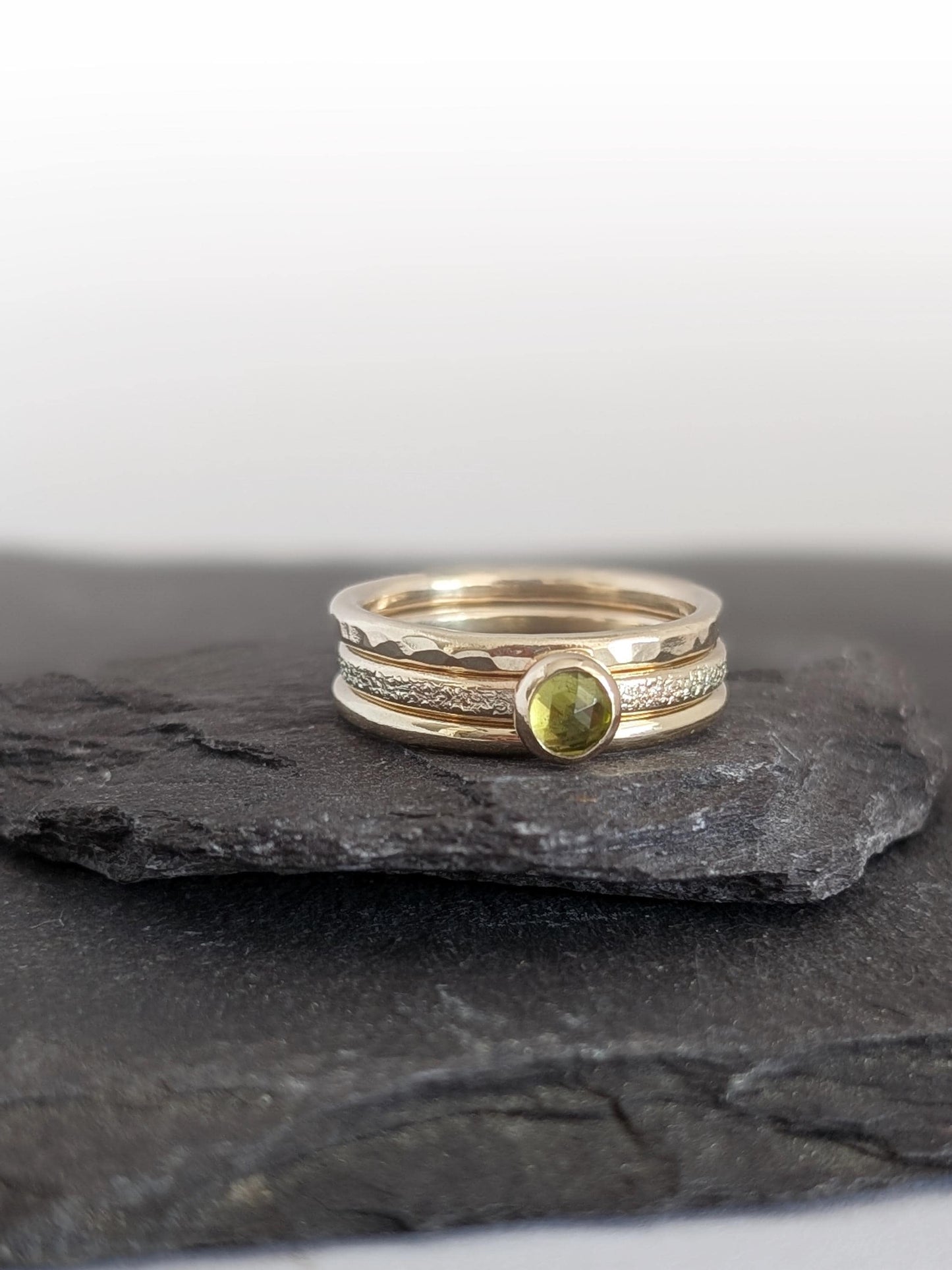 Solid 9ct Recycled Gold Thick Stacking Ring Set ~ stacking rings, textured, stackable, gold, wedding, engagement, peridot, gemstone