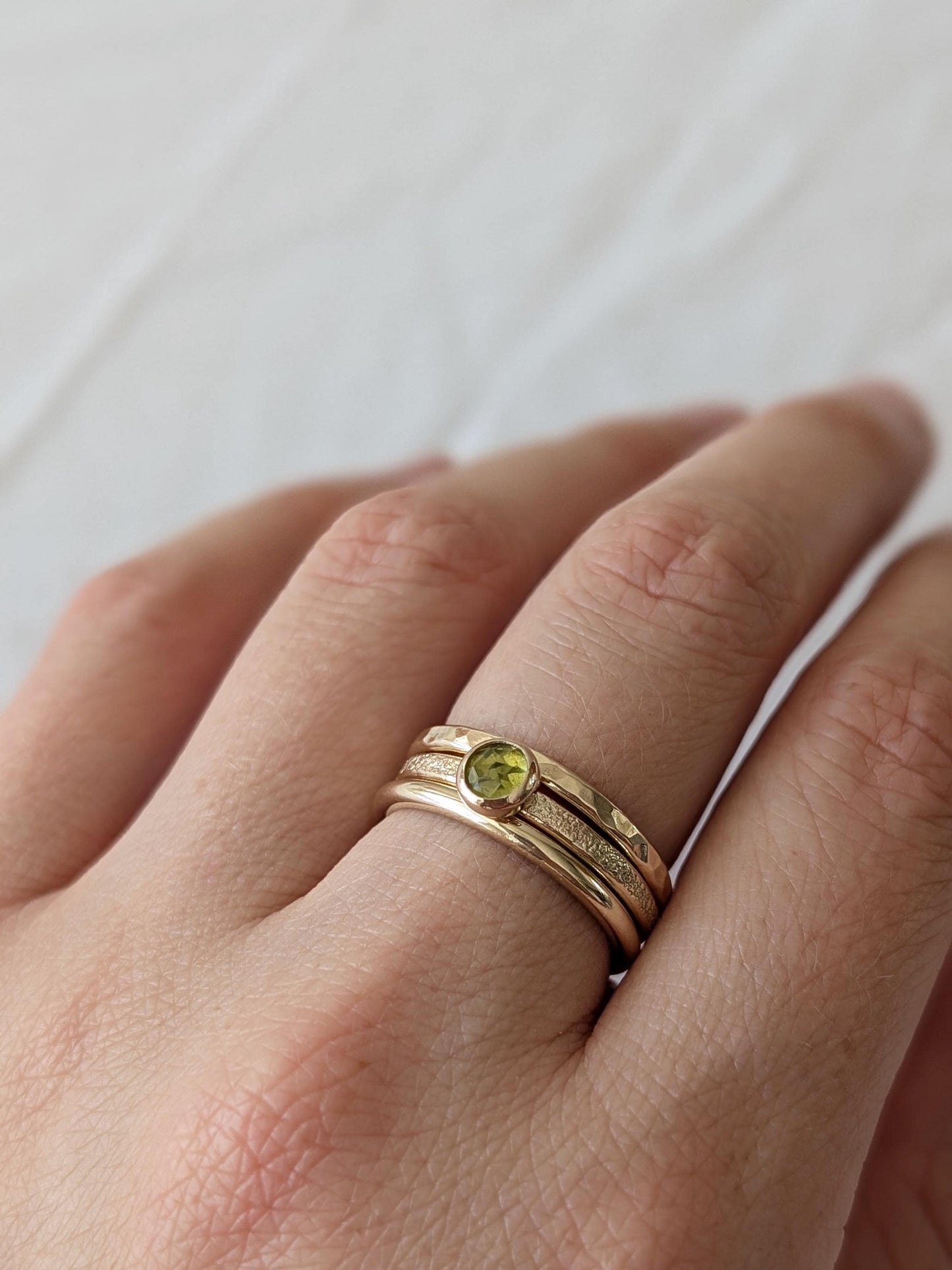 Solid 9ct Recycled Gold Thick Stacking Ring Set ~ stacking rings, textured, stackable, gold, wedding, engagement, peridot, gemstone