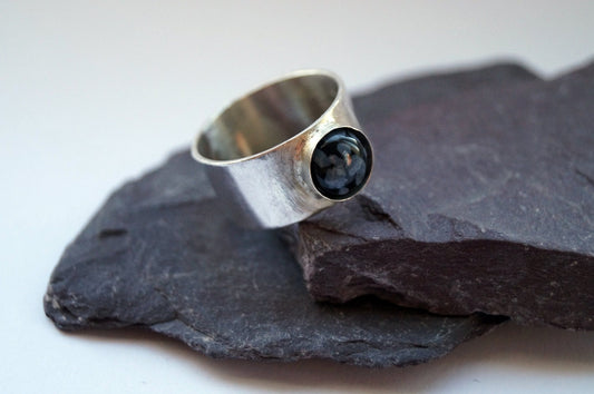 Snowflake Obsidian Wide Sterling Silver Ring ~ unisex, men's ring, women's ring, gemstone, statement ring, recycled