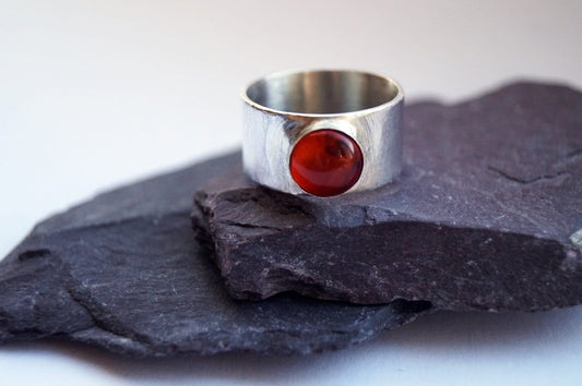 Amber Wide Sterling Silver Ring ~ unisex, men's ring, women's ring, gemstone, statement ring, wide band, recycled