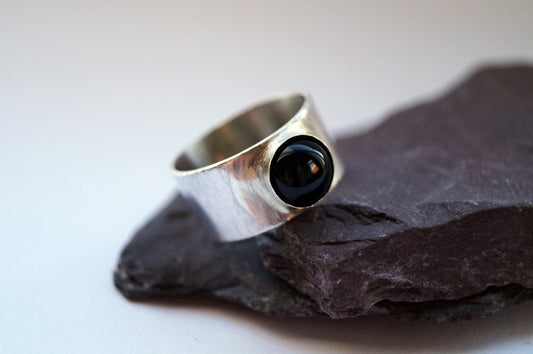 Black Onyx Wide Sterling Silver Ring ~ stacking ring, unisex, men's ring, women's ring, gemstone, statement ring, wide band, recycled