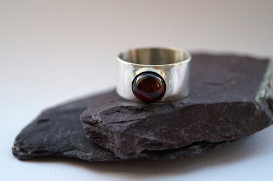 Red Tiger's Eye Wide Sterling Silver Ring ~ stacking ring, unisex, men's ring, women's ring, gemstone, statement ring, recycled