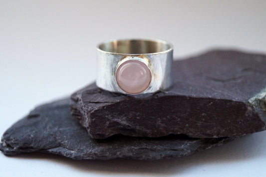 Rose Quartz Wide Sterling Silver Ring ~ unisex, men's ring, women's ring, gemstone. statement ring, rose, pink, recycled