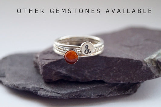 Personalised Gemstone & Stamped Sterling Silver Ring Trio ~ stackable, initial, gift for her, recycled, name