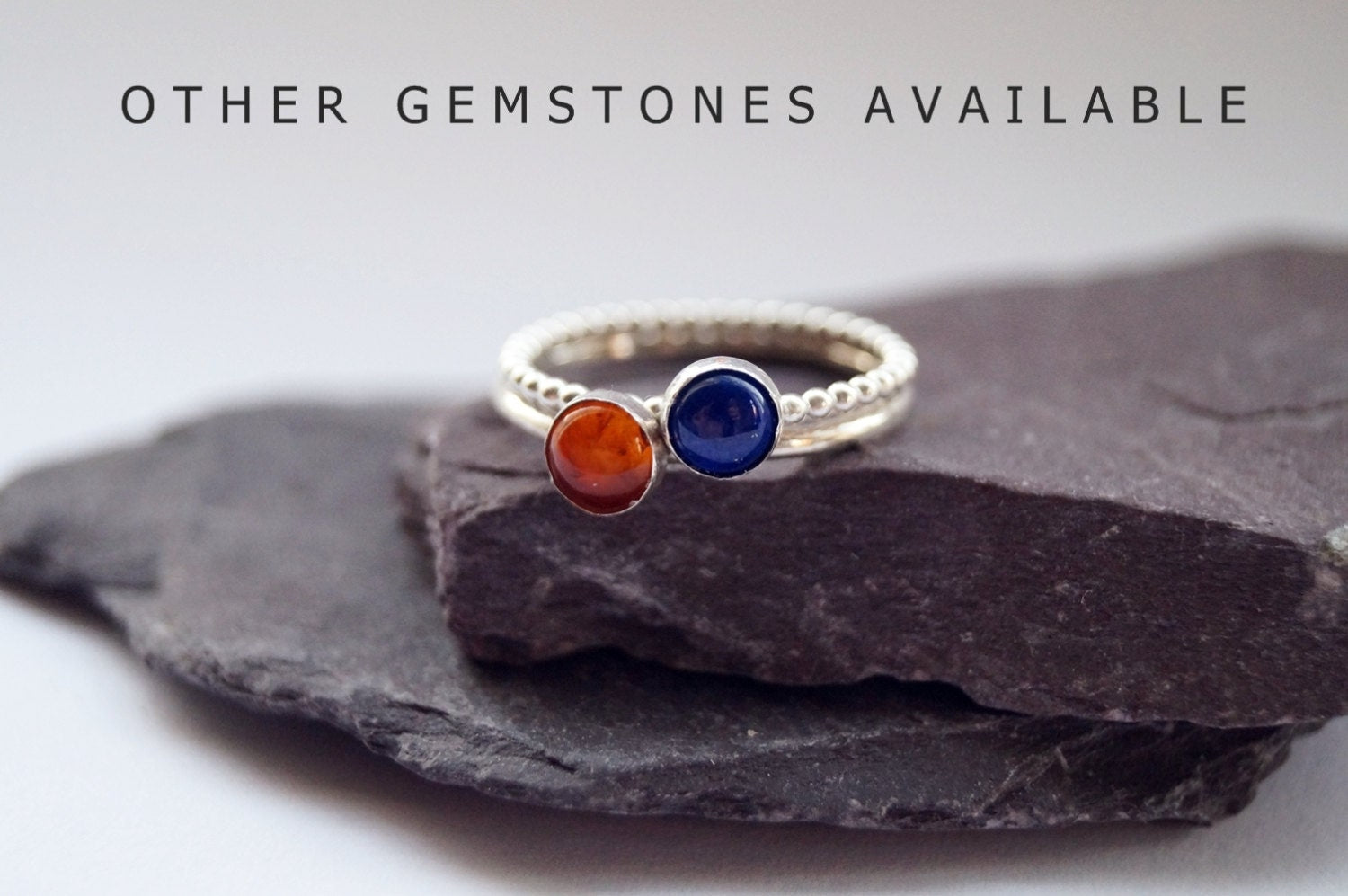 Amber & Lapis Lazuli Gemstone Recycled Sterling Silver Stacking Rings ~ statement rings, beaded