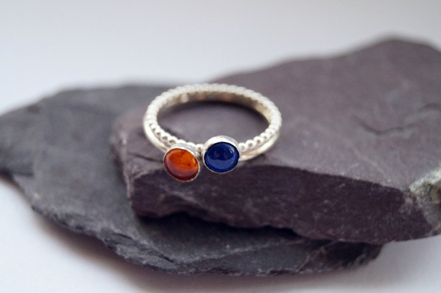 Amber & Lapis Lazuli Gemstone Recycled Sterling Silver Stacking Rings ~ statement rings, beaded