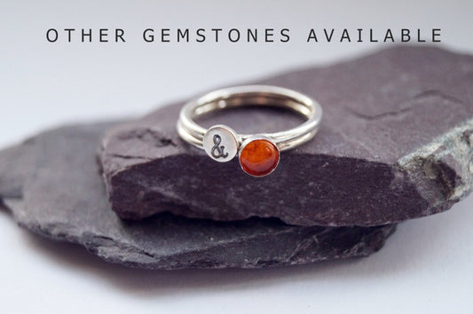 Personalised Gemstone & Stamped Sterling Silver Ring Duo ~ stackable, initial, gift for her, recycled, name