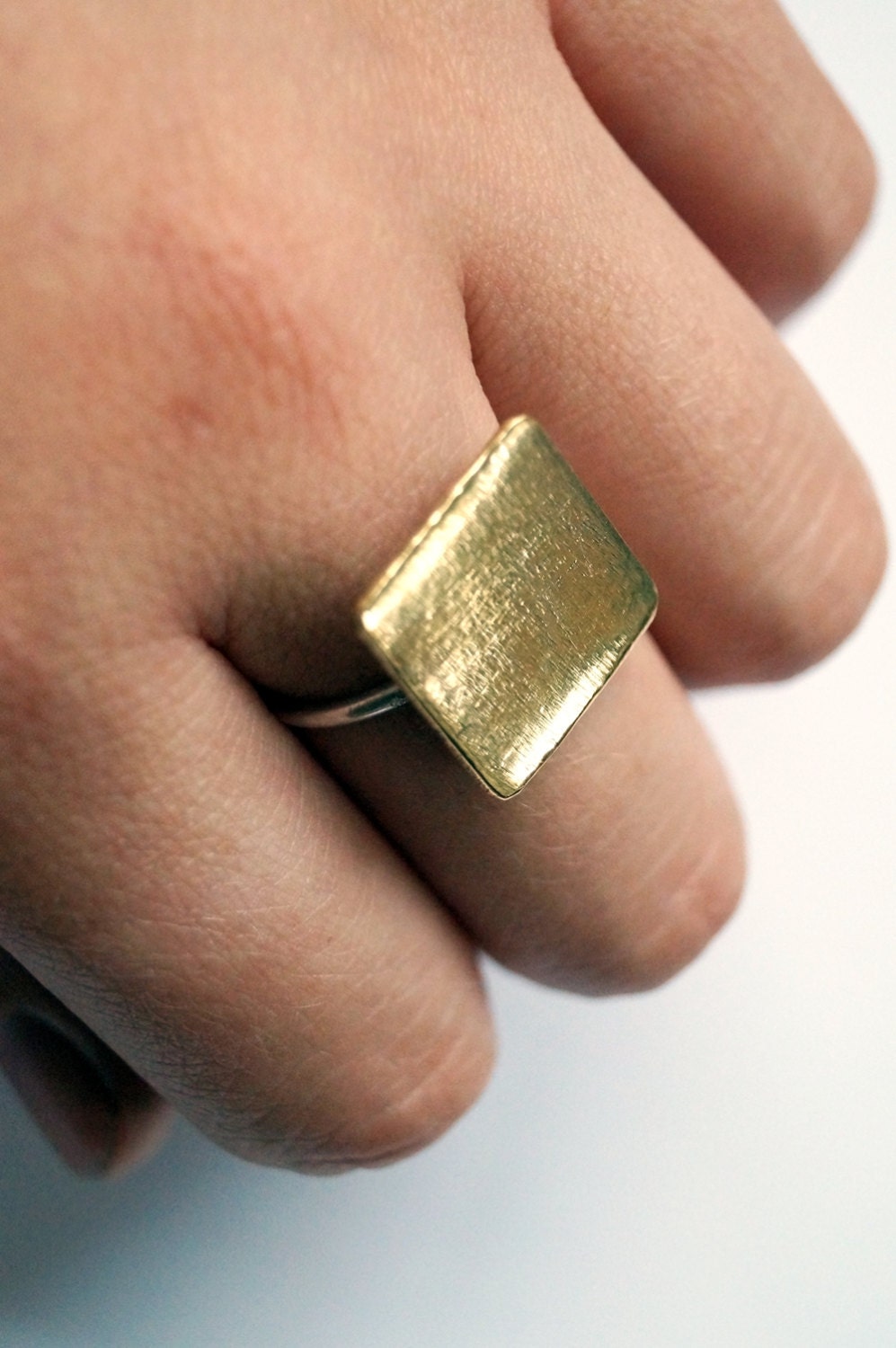 Big Brass Square Sterling Silver Ring ~ stacking ring, triangle, geometry, recycled