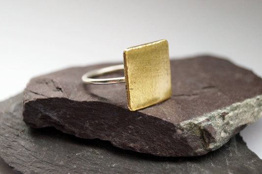 Big Brass Square Sterling Silver Ring ~ stacking ring, triangle, geometry, recycled